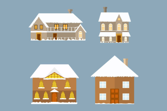 Christmas House Vector Set with Snow for Graphic Templates